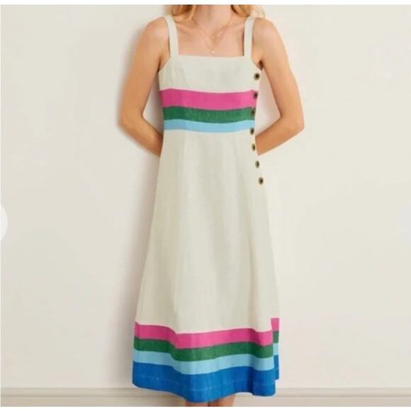 Boden Dresses & Skirts - Boden Willa Midi Button Dress, Women’s 12R White/Blue Striped, Linen Summer